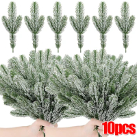 5/10Pcs Artificial Pine Needles Branches Christmas Snow Frosted Fake Plants Pine Sprigs Stem DIY Wreath Home Garden Decorations