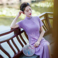 Woman Elegant Aodai Vietnam Traditional Clothing Vietnam Ao Dai Dress Retro Cheongsam Chinese Purple Long Elegant Qipao Dress