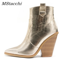 MStacchi Gold Snake Print Ankle Boots For Women Wedge High Heels Boots Woman Runway Design Chunky He