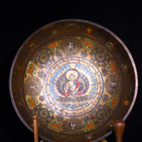22"Tibetan Temple Collection Old Bronze Painted Four armed Guanyin Buddha Buddhist Music Bowl Amulet Worship Hall Town house