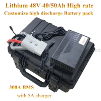 48v 40Ah 50Ah battery lithium DC high rate cells 10C 350A 300A BMS nmc lipo crazy cart car EV waterproof powerful + 5A charger