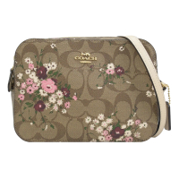 【COACH】經典C LOGO花卉拼接相機包斜背包(駝白)