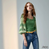 【iROO】綠格紋袖針織上衣