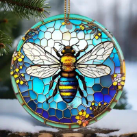 Cute Bee Ornament Christmas Ornament, Christmas Decoration, Holiday Present Idea Round Ceramic, Gift Exchange, Bauble Present