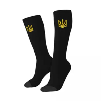 Funny Printing Ukrainian Trident Socks Women Girls Stretch Sports Knee High Coat Of Arms Ukraine Flag Stockings