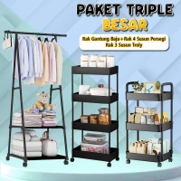 (SS) Paket Triple Rak Besar Rak Gantungan Baju + Rak Susun 4 Tingkat Persegi + Rak 3 Susun Troly