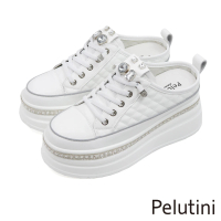 【Pelutini】免綁帶珍珠厚底增高皮質鬆糕鞋 白色(435105W-WH)