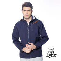 【Lynx Golf】男款防水透濕功能經典山貓印花拉鍊胸袋設計長袖可拆式連帽外套-深藍色