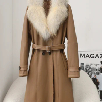 fur collar sheepskin fur integrated coat for women's mid length knee length 2023 winter high-end leather fur coat