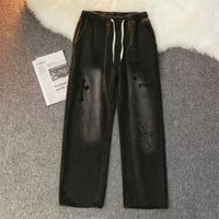美式復古水洗潮牌ins十字架刺繡牛仔褲男款高街寬鬆直筒休閒長褲-黑色 S