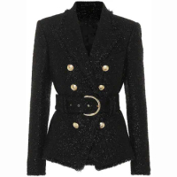 High quality 2018 new fashion flash bright silk woolen thick fabric lapel long sleeve slim waistband casual woman jacket coat