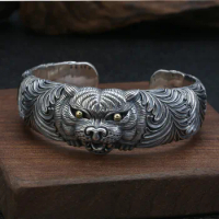 Wholesale S925 Sterling Silver Retro Thai Silver Personality Domineering Tiger Head Men's Bangle Craft Jewelry