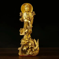 MOYU Fengshui Copper Dragon Guanyin Ornaments Stand Bodhisattva Statue Home Living Room Desktop Buddha Decor