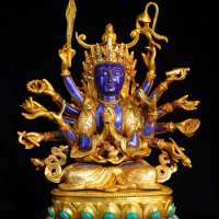 15"Tibetan Temple Collection Old lapis lazuli Tibetan Silver Gilded Mosaic Gem Turquoise Cundhi Bodhisattva Sitting Buddha
