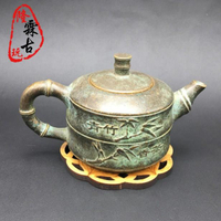 仿古純銅竹節造型銅酒壺擺件銅藝微雕茶壺手把玩古玩銅器綠銹銅壺