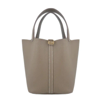 【Hermes 愛馬仕】Picotin Lock 22cm T/C 牛皮桶包(18大象灰/W刻/金釦)