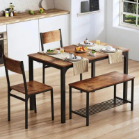 Dining table, 4-piece kitchen dining table set, with 2 chairs and a bench, kitchen dining table set, retro brown