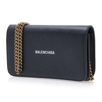 【Balenciaga 巴黎世家】BALENCIAGA 經典LOGO 黑色 小牛皮 斜背鍊條錢包 皮夾(6557421IZIM1090)