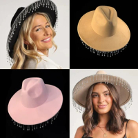 for Rhinestone Tassel Hat Fedora Hats Big Brim Flat Hat Fedora Hats Dropship