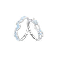 S999 pure silver forget-me-not couple rings with luminous enamel design, floral ring, versatile and 