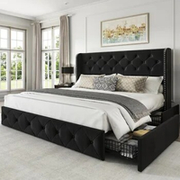 Queen Size Bed Frame with 4 Storage Drawers and Tufted Headboard with Wooden Slats Support, Bed Frame
