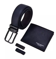 Charles Berkeley Nappa Leather Bifold Wallet &amp; Gun Metal Buckle Leather Belt Combo Gift Set