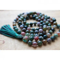 MN36785 Indian Agate Tibetan 108 Mala Beads Necklace Knotted Mala Tassel Necklace Yoga Jewelry Meditation Beads Yoga Boho