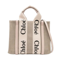 【Chloe’ 蔻依】WOODY SMALL 小號 粉/米白提把 亞麻帆布 托特包 手提包 肩背包 斜背包(爆款立挺帆布包)