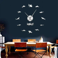 Ocean Sharks Wall Art DIY Wall Stickers Giant Wall Clock Nautical Decor Great White Shark Frameless Kid Bedroom Large Wall Clock