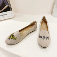 Women's Embroidered Happy Bee Knitted Flat Round Toe Casual Shoes