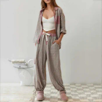 Womens Christmas Pajama Sets Long Sleeve Shirt Pants 1-Piece Plaid Sleepwear Loungewear Women Comfortable Sleepwear Pajama 수면잠옷