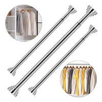 Garment Curtain Rail Pole Hanger Rod Shelf Extendable Sticks Stainless Steel Shower Curtain Poles Clothes Hanging Rod