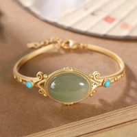 Natural green jade bangle bracelet with gold 925 sterling silver handmade charm bracelet for women bangles