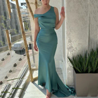 Solid Color Satin Prom Gown Backless One Shoulder Sleeveless Pleat Mermaid Dress Grace Court Train Evening Dresses for Women