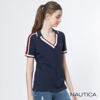【NAUTICA】女裝V領造型短袖POLO衫(深藍)