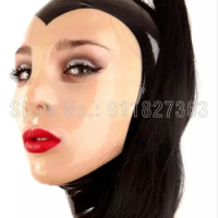 100% Latex Hood Women Sexy Black w Natural Latex Rubber Mask Hood with Black Hair Pigtail for Party Latex Hood Mask Customized