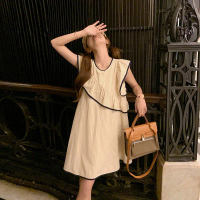 Váy Sọc Phong Cách Pháp, Tay Áo Rung Nhỏ Dành Cho Phụ Nữ, Váy Không Tay Xếp Ly Bất Đối Xứng Mùa Hè, 
