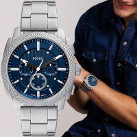 【FOSSIL】Machine 簡約工業風三眼計時手錶-銀x藍/44mm 禮物 送禮 推薦(FS6096)