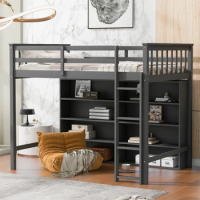 Storage Loft Bed，Twin Size Loft Bed with 8 Open Storage Shelves and Built-in Ladder, Gary/White