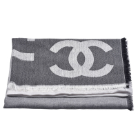 CHANEL香奈兒 經典雙C LOGO漸層喀什米爾羊毛混絲披肩/圍巾(灰色)