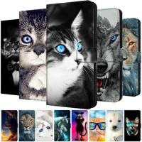 Leather Flip Case For Xiaomi Mi 11 Lite 5G 4G Mi11 mi 10 Pro mi10 lite 11lite Phone Cover Wallet Painted Book Funda Cat Wolf