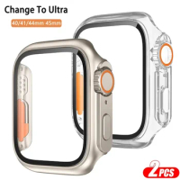 2PCS Glass + Case Change to Ultra for Apple Watch Case Tempered Glass 8 7 6 5 4 45mm 44mm 41mm 40mm Upgrade to IWatch Ultra 49mm