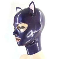 Ladies Purple Latex Rubber Hood,Cat Ear Catsuit Bodysuit Hood Cosplay Party Mask