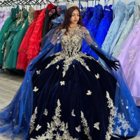 Mexican Velvet Gold Lace Appliques 15 Year Old Navy Quinceanera Dress 2024 With Gloves Sweet 16 Dress Party Gown Lace Up vstidos