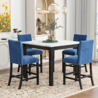 5-piece Counter Height Dining Table Set with One Faux Marble Top and Four Velvet-Upholstered Chairs,Blue