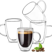 2 Pcs Double Wall Coffee Cups Glasses Mugs 12oz Espresso Cappuccino Latte Tea Cups with Handle Heat Resistant Glass