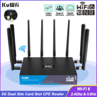 KuWFi 5G CPE Router AX3000 Wireless Dual Band Wi-Fi 6 Router Gigabit LAN Port with Dual Sim Card Slot Support 128 Users Mesh