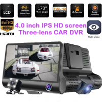กล้องติดรถยนต์ 3 เลนส์ด้านหน้า/ห้อง 1080P โดยสาร/ด้านหลัง หน้าจอขนาด 4 นิ้ว มีโหมดกลางคืน รองรับเมมโมรี่สูงสุดถึง 32 GB Three Camera Lens HD Car Recorder DVR DASH CAM 1080P HD 3 Lens Car DVR Dash Cam G-Sensor Recorder+Rearview