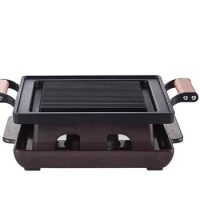 Portable square bbq grill non stick pan commercial Japanese Korean restaurant heater wooden handle small table barbecue grills
