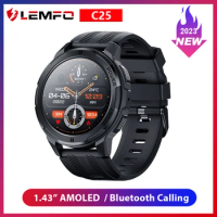 LEMFO C25 Smart Watch Men 1.43in AMOLED Screen Heart Rate Monitor 1ATM Waterproof Bluetooth Calling 100+ Sports Modes Smartwatch